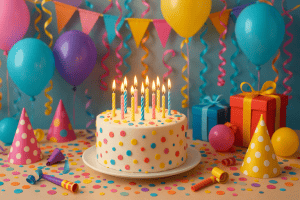Birthday cake with lit candles on a colorful birthday-themed background