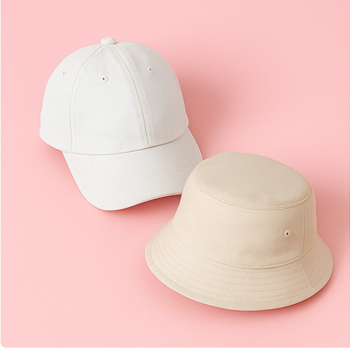 White baseball cap and beige bucket hat on a pink background
