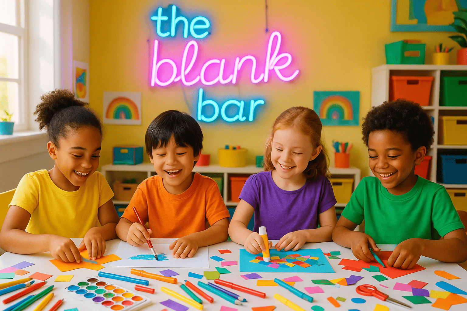 Kids around a white table doing crafts with a neon sign on the wall that says the blank bar using bright colours