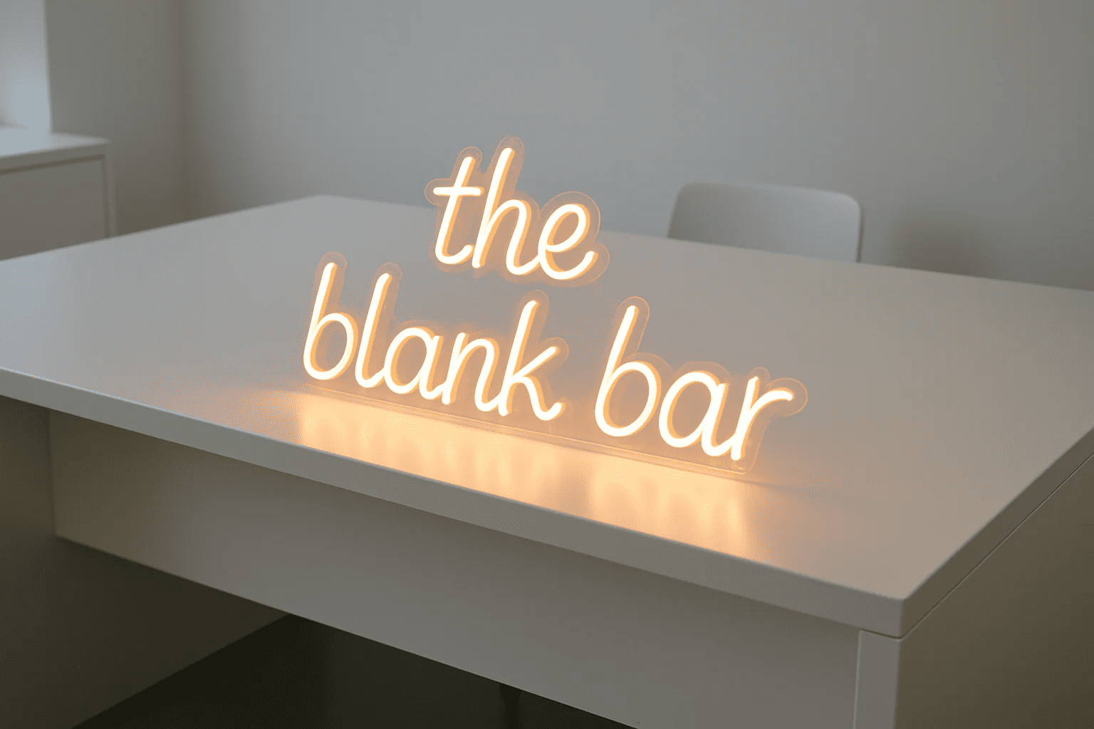 white desk with neon sign that says the blank bar on it 